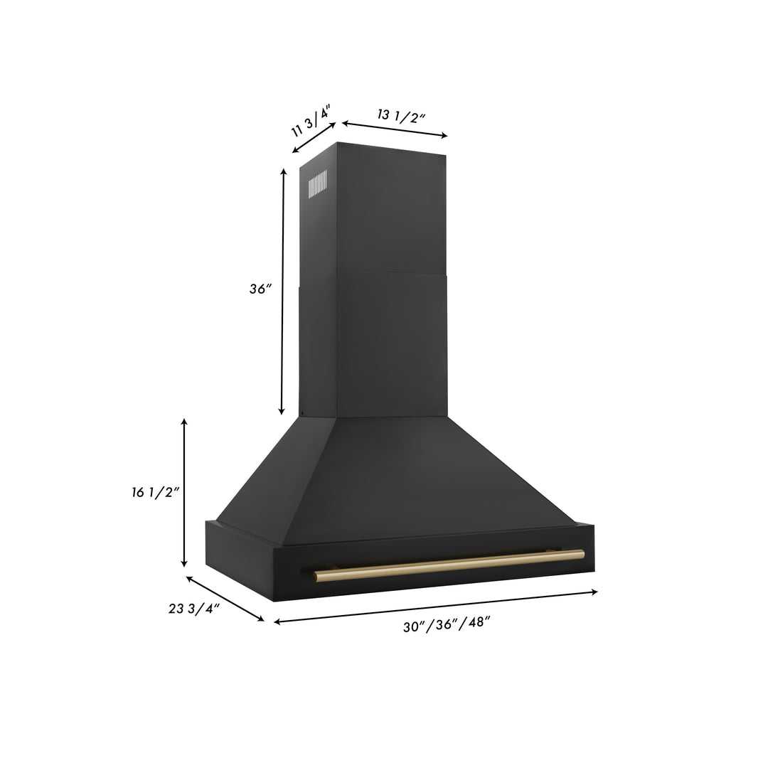 ZLINE 36-Inch Autograph Edition Wall Mount Range Hood in Black Stainless Steel with Champagne Bronze Handle (BS655Z-36-CB)