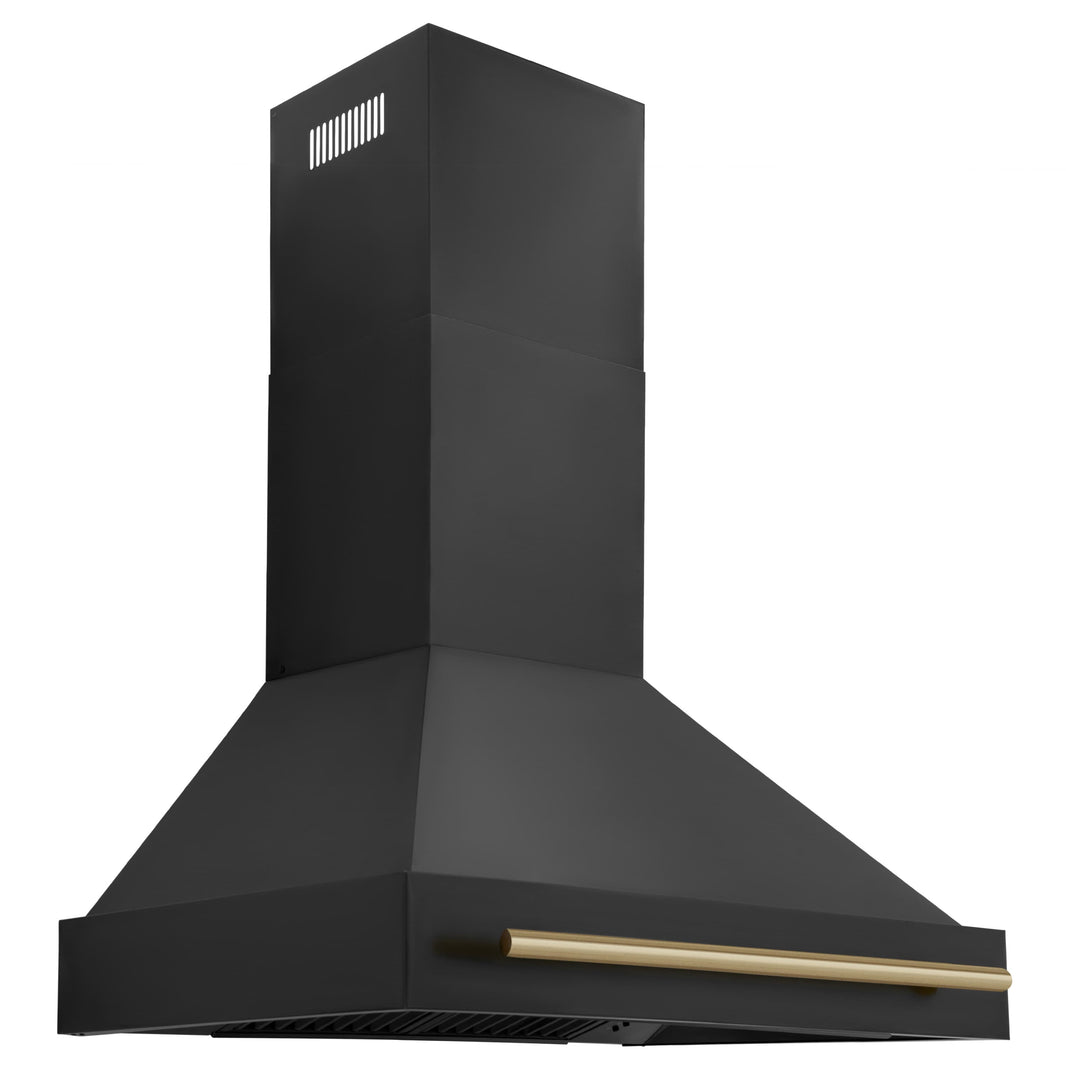 ZLINE 36-Inch Autograph Edition Wall Mount Range Hood in Black Stainless Steel with Champagne Bronze Handle (BS655Z-36-CB)