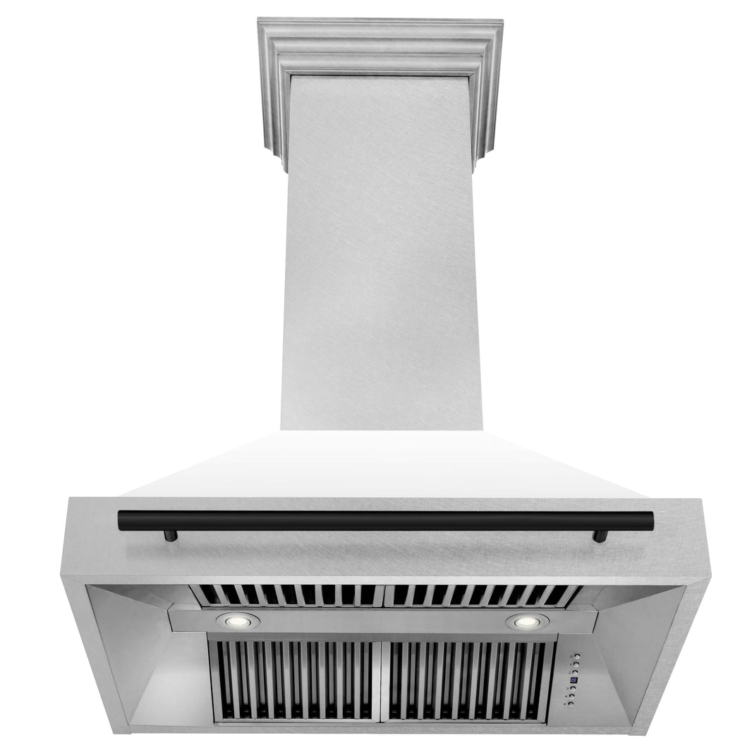 ZLINE 36-Inch Autograph Edition Wall Mount Range Hood in DuraSnow Stainless Steel with White Matte Shell and Matte Black Handle (8654SNZ-WM36-MB)