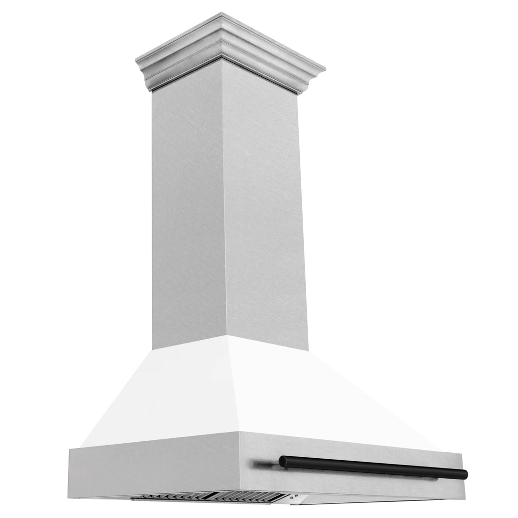 ZLINE 36-Inch Autograph Edition Wall Mount Range Hood in DuraSnow Stainless Steel with White Matte Shell and Matte Black Handle (8654SNZ-WM36-MB)