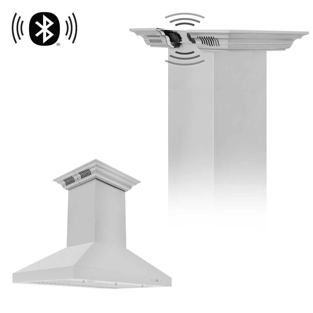 ZLINE 36-Inch Ducted Vent Island Mount Range Hood in Stainless Steel with Built-in CrownSoundBluetooth Speakers (KL3iCRN-BT-36)