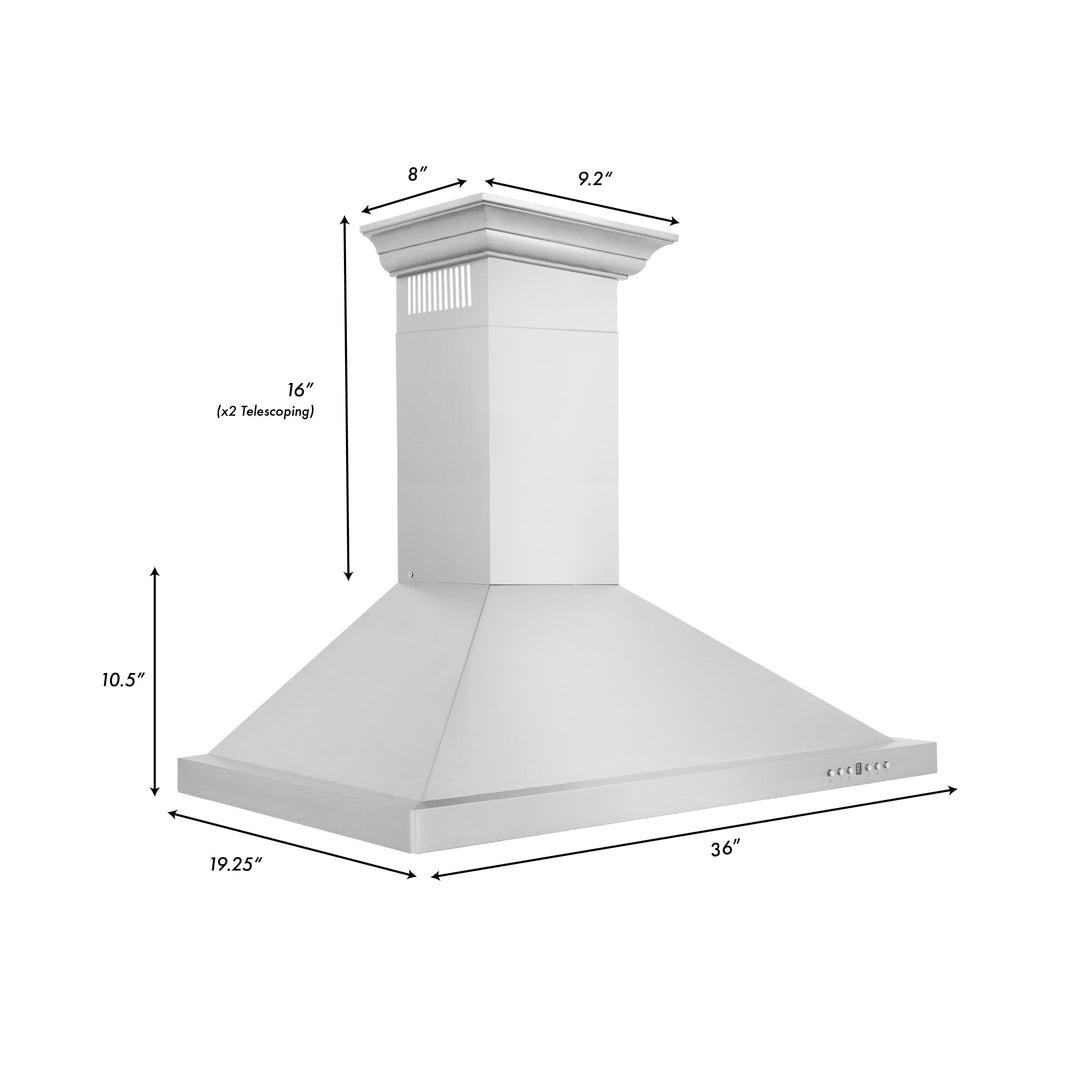 ZLINE 36-Inch Convertible Vent Wall Mount Range Hood in Stainless Steel with Crown Molding (KBCRN-36)