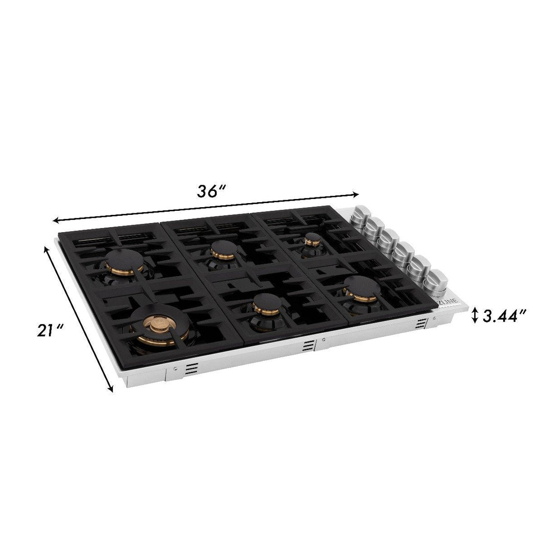 ZLINE 36-Inch Drop-In Cooktop With 6 Gas Burners And Black Porcelain Top with Brass Burners (RC-BR-36-PBT)