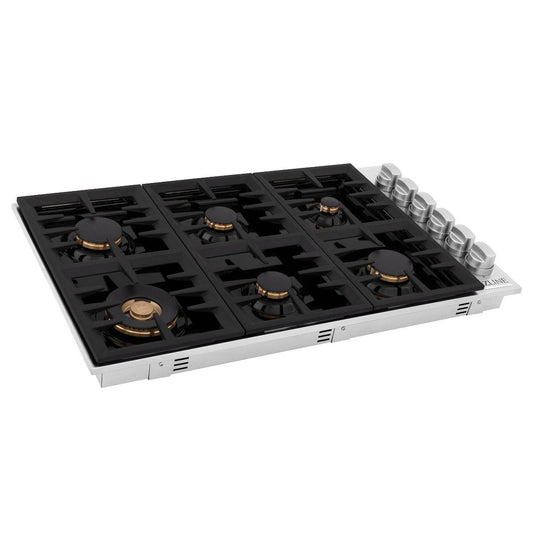 ZLINE 36-Inch Drop-In Cooktop With 6 Gas Burners And Black Porcelain Top with Brass Burners (RC-BR-36-PBT)