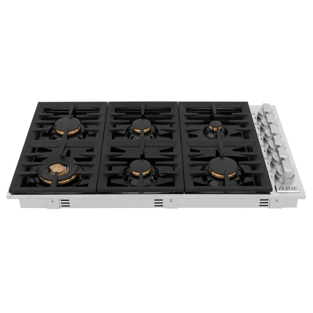 ZLINE 36-Inch Drop-In Cooktop With 6 Gas Burners And Black Porcelain Top with Brass Burners (RC-BR-36-PBT)