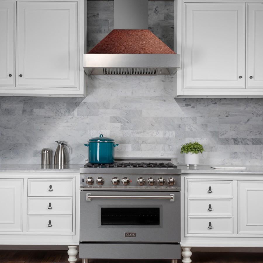 ZLINE 36-Inch Ducted DuraSnow Stainless Steel Wall Mount Range Hood with Hand-Hammered Copper Shell (8654HH-36)