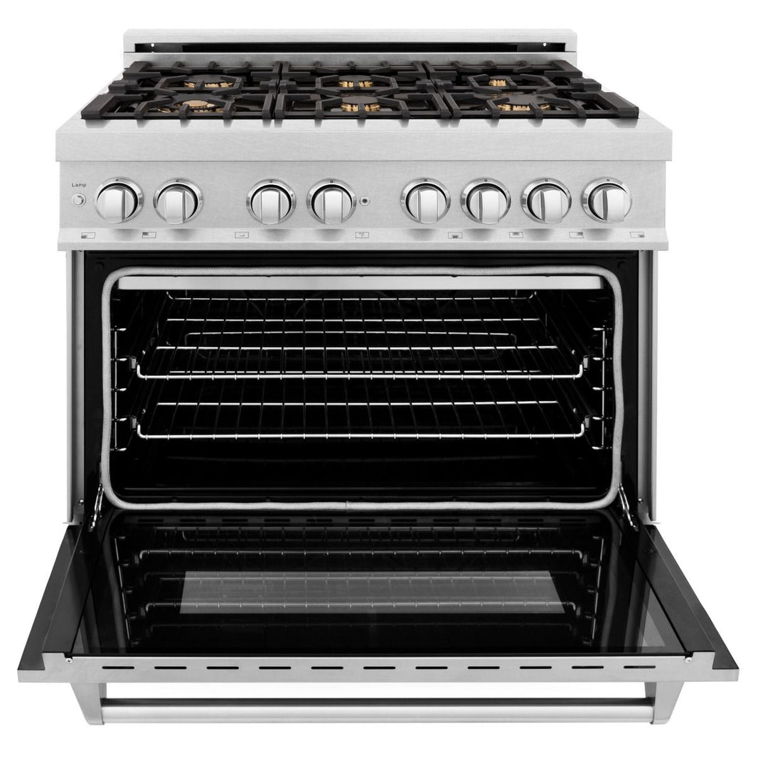 ZLINE 36-Inch Professional 4.6 Cu. Ft. 6 Dual Fuel Range In DuraSnow Stainless Steel With Brass Burners (RAS-SN-BR-36)