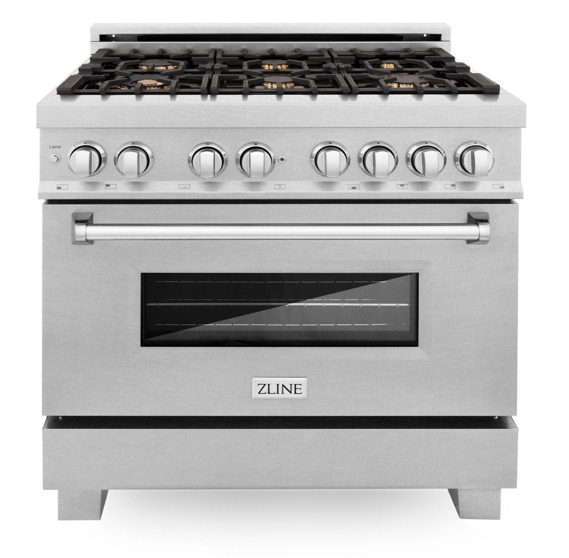 ZLINE 36-Inch Professional 4.6 Cu. Ft. 6 Dual Fuel Range In DuraSnow Stainless Steel With Brass Burners (RAS-SN-BR-36)