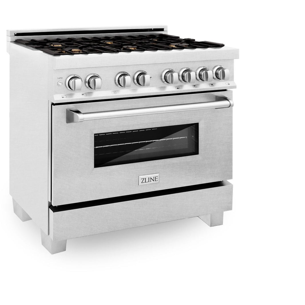 ZLINE 36-Inch Professional 4.6 Cu. Ft. 6 Dual Fuel Range In DuraSnow Stainless Steel With Brass Burners (RAS-SN-BR-36)