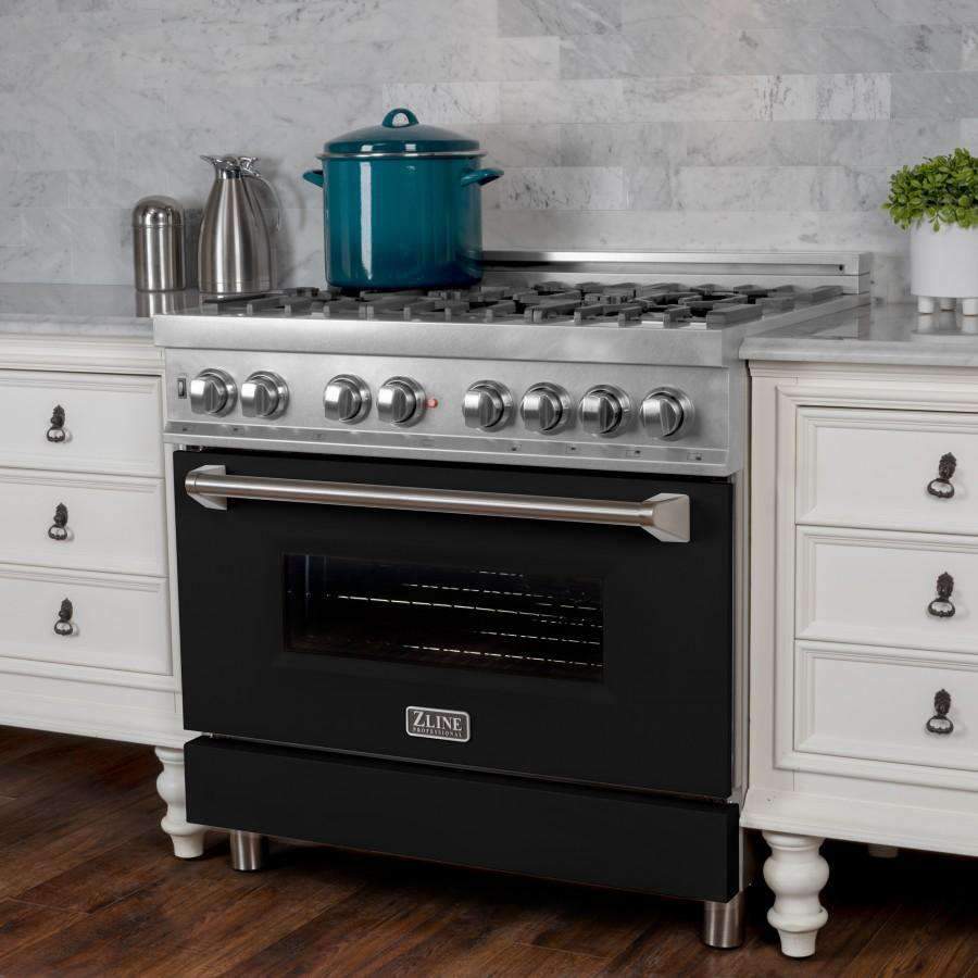 ZLINE 36-Inch Professional Dual Fuel Range in DuraSnow Stainless with Black Matte Door (RAS-BLM-36)