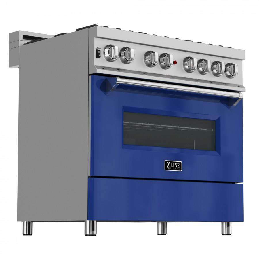 ZLINE 36-Inch Professional Dual Fuel Range in DuraSnow Stainless with Blue Gloss Door (RAS-BG-36)