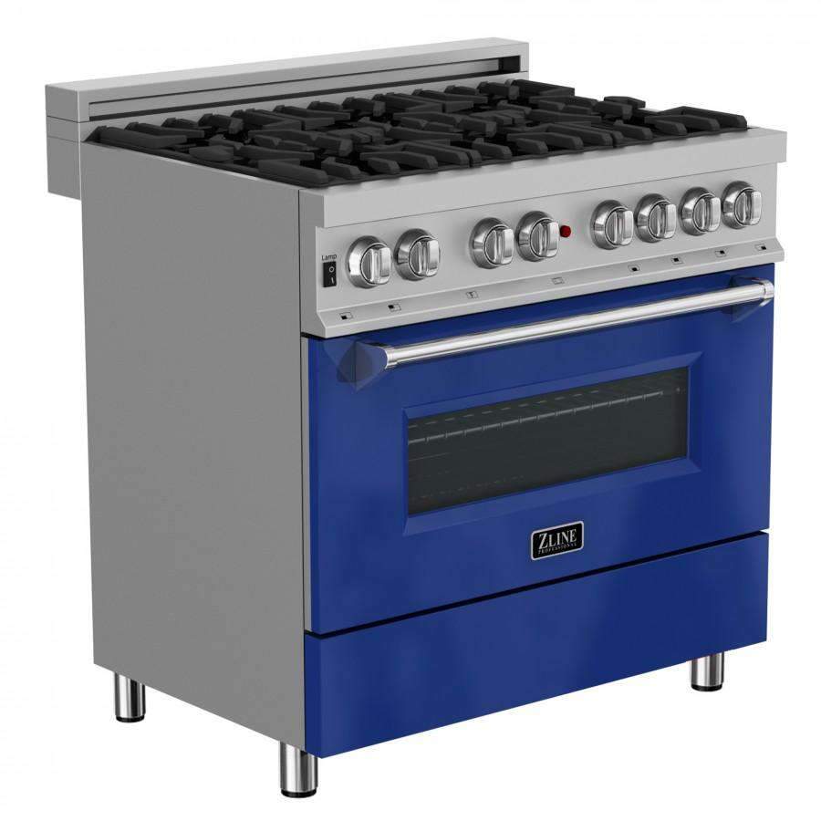 ZLINE 36-Inch Professional Dual Fuel Range in DuraSnow Stainless with Blue Gloss Door (RAS-BG-36)