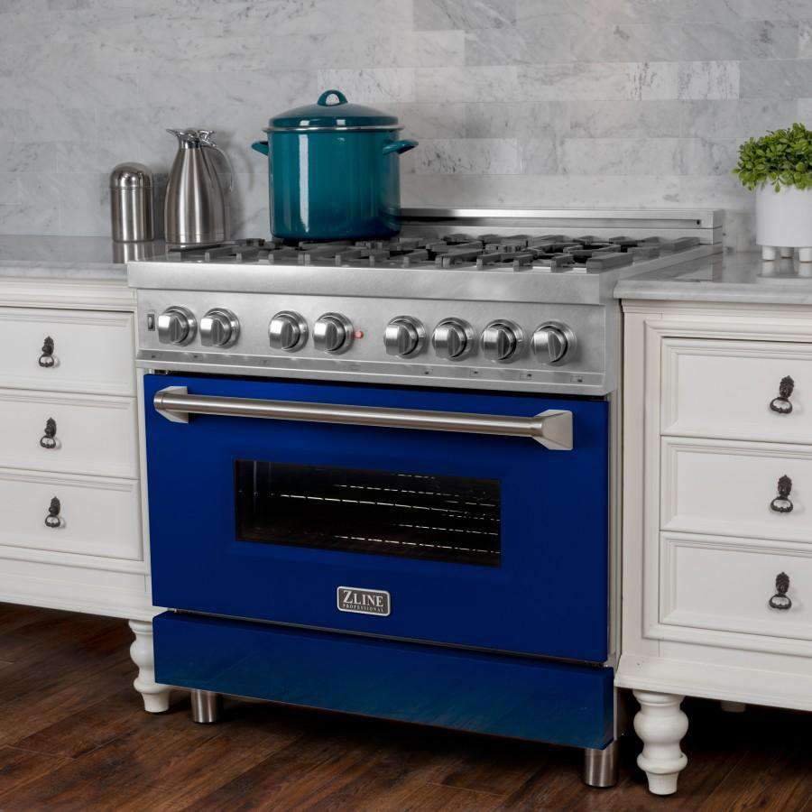 ZLINE 36-Inch Professional Dual Fuel Range in DuraSnow Stainless with Blue Gloss Door (RAS-BG-36)