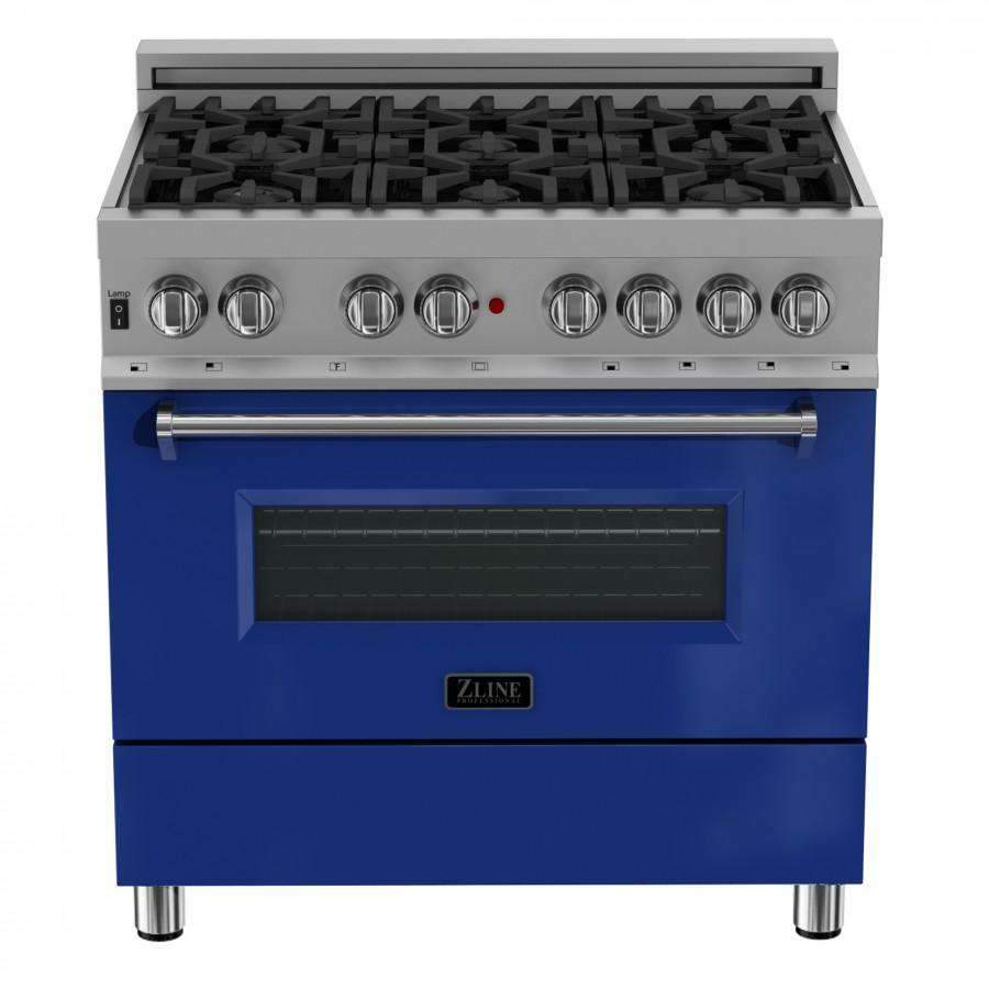 ZLINE 36-Inch Professional Dual Fuel Range in DuraSnow Stainless with Blue Gloss Door (RAS-BG-36)