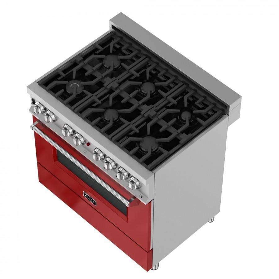 ZLINE 36-Inch Dual Fuel Range, Gas Cooktop and Electric Oven, in DuraSnow Stainless with Red Gloss Door (RAS-RG-36)