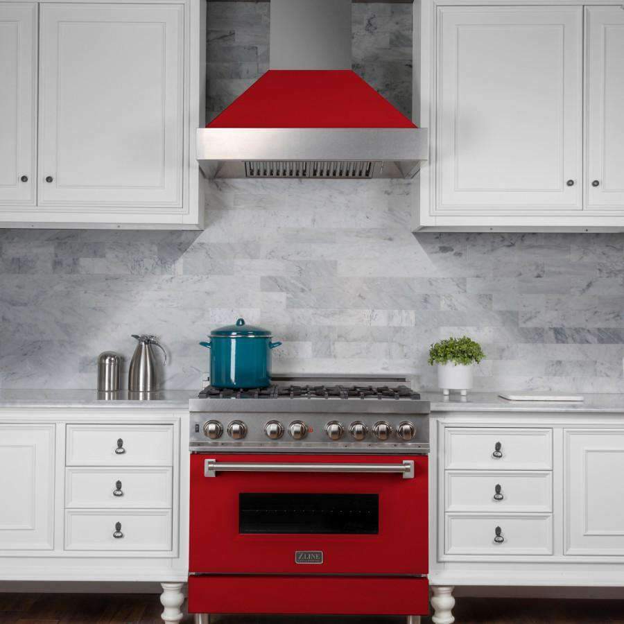 ZLINE 36-Inch Dual Fuel Range, Gas Cooktop and Electric Oven, in DuraSnow Stainless with Red Gloss Door (RAS-RG-36)