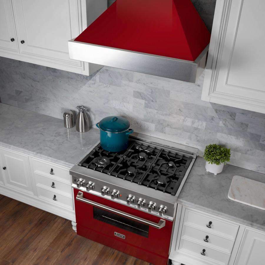 ZLINE 36-Inch Dual Fuel Range, Gas Cooktop and Electric Oven, in DuraSnow Stainless with Red Gloss Door (RAS-RG-36)