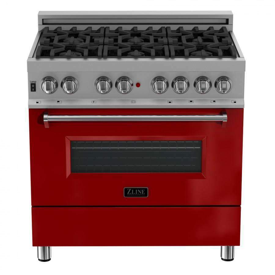 ZLINE 36-Inch Dual Fuel Range, Gas Cooktop and Electric Oven, in DuraSnow Stainless with Red Gloss Door (RAS-RG-36)