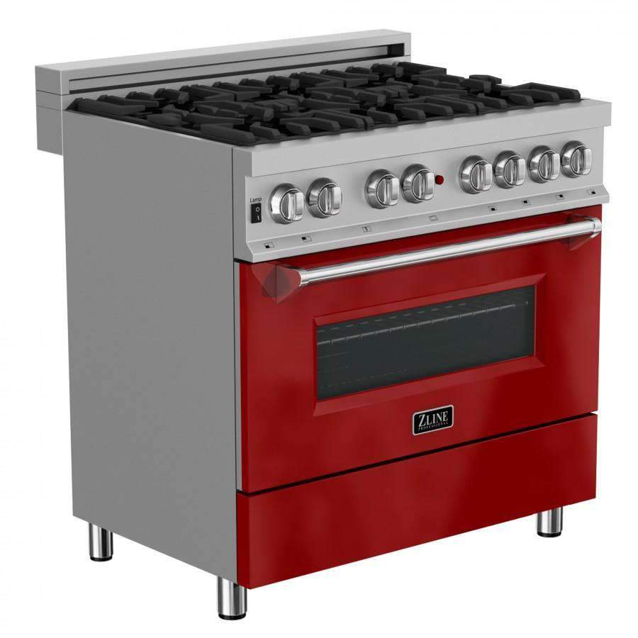 ZLINE 36-Inch Dual Fuel Range, Gas Cooktop and Electric Oven, in DuraSnow Stainless with Red Gloss Door (RAS-RG-36)