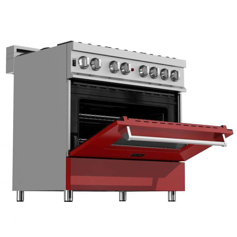 ZLINE 36-Inch Professional Dual Fuel Range in DuraSnow Stainless with Red Matte Door (RAS-RM-36)