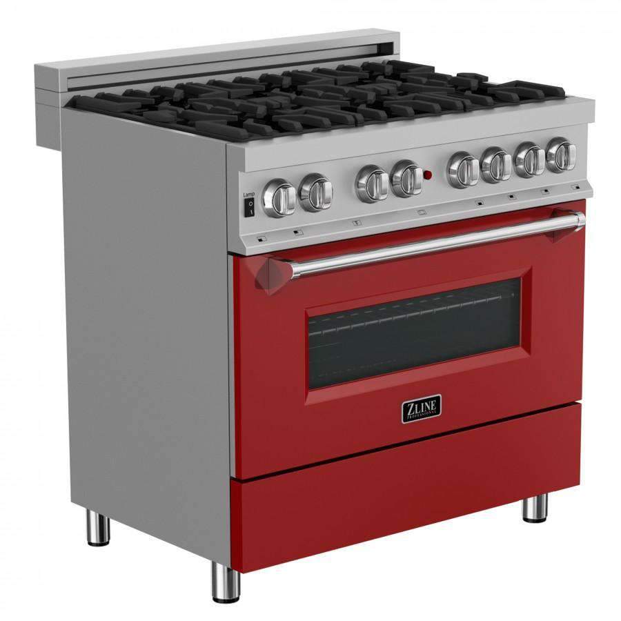 ZLINE 36-Inch Professional Dual Fuel Range in DuraSnow Stainless with Red Matte Door (RAS-RM-36)