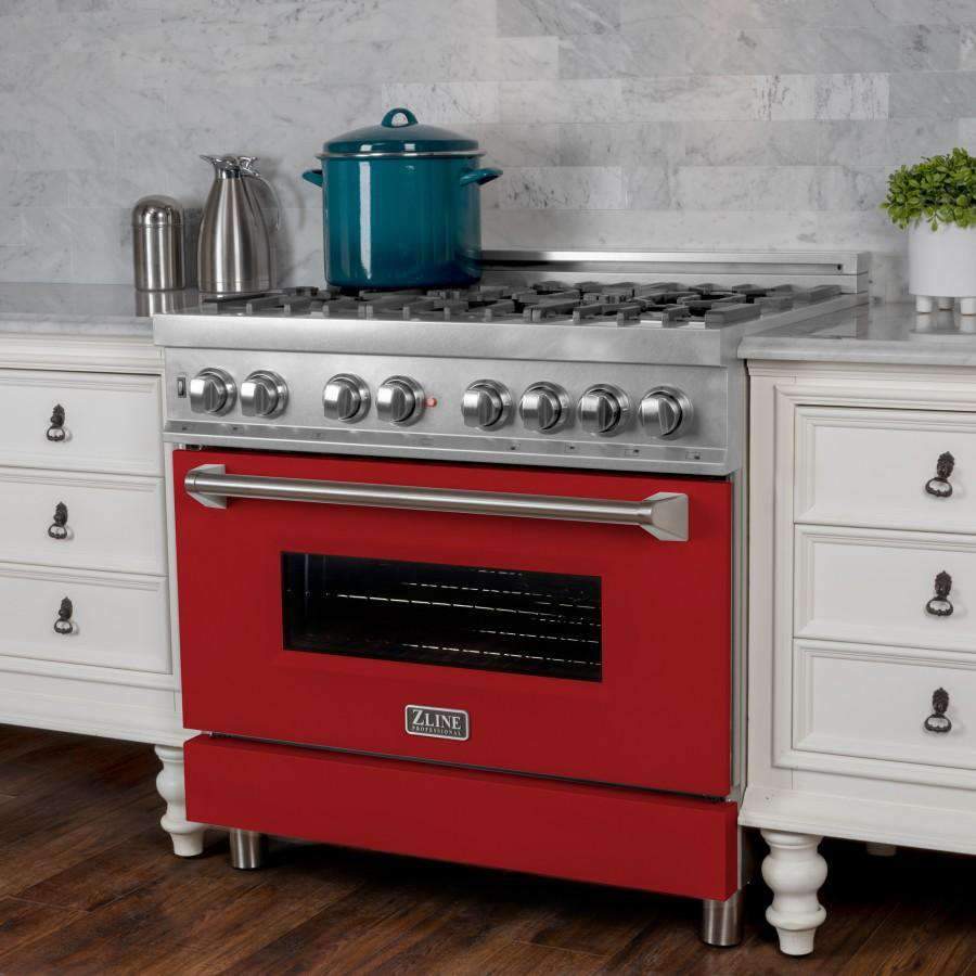 ZLINE 36-Inch Professional Dual Fuel Range in DuraSnow Stainless with Red Matte Door (RAS-RM-36)