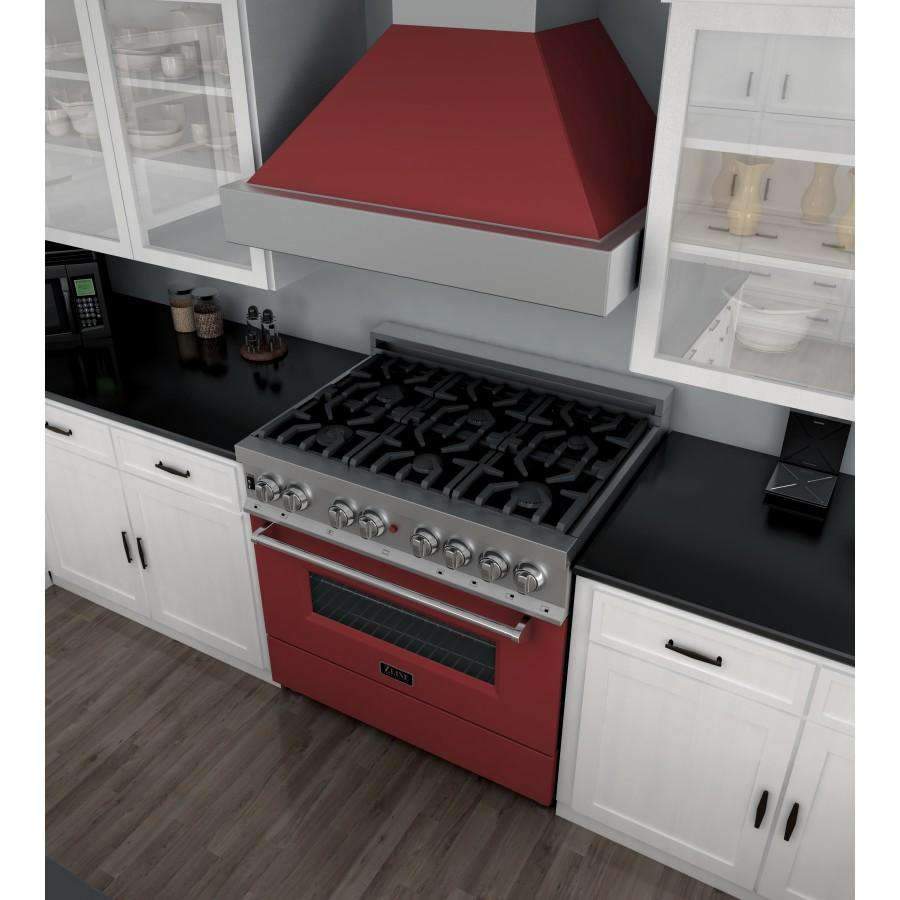 ZLINE 36-Inch Professional Dual Fuel Range in DuraSnow Stainless with Red Matte Door (RAS-RM-36)