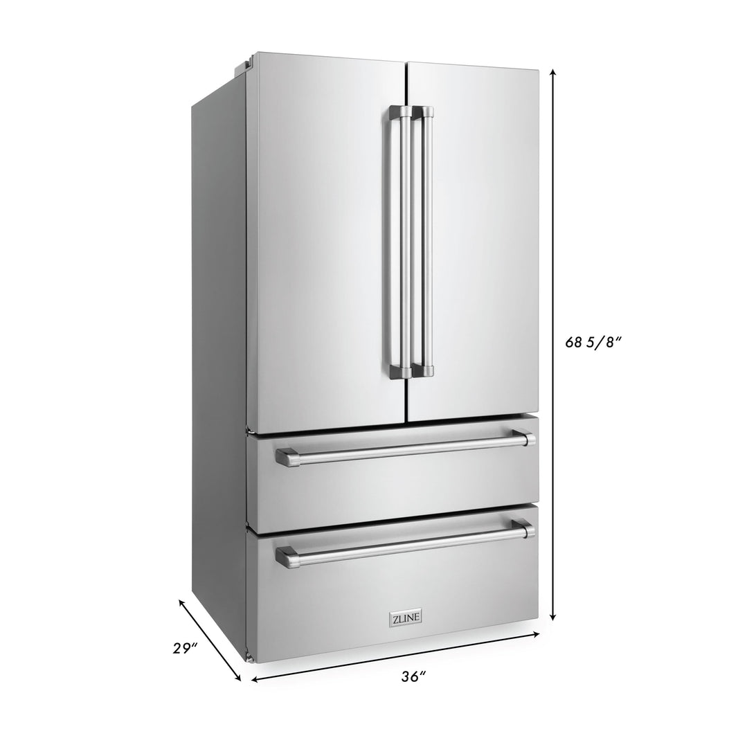 ZLINE 4-Piece Appliance Package - 30" Dual Fuel Range, 36" Refrigerator, Convertible Wall Mount Hood, and 3-Rack Dishwasher in Stainless Steel (4KPR-RARH30-DWV)