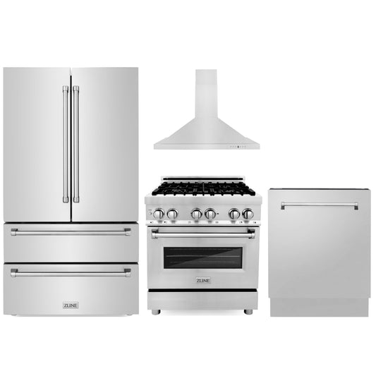 ZLINE 4-Piece Appliance Package - 30" Dual Fuel Range, 36" Refrigerator, Convertible Wall Mount Hood, and 3-Rack Dishwasher in Stainless Steel (4KPR-RARH30-DWV)