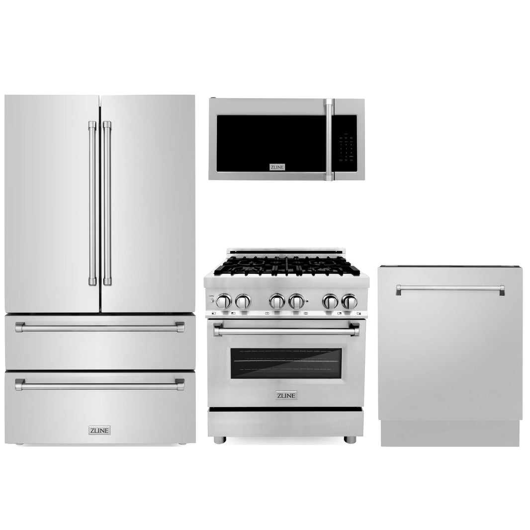 ZLINE 4-Piece Appliance Package - 30" Dual Fuel Range, 36" Refrigerator, Tall Tub Dishwasher, & Over-the-Range Microwave in Stainless Steel (4KPR-RAOTRH30-DWV)