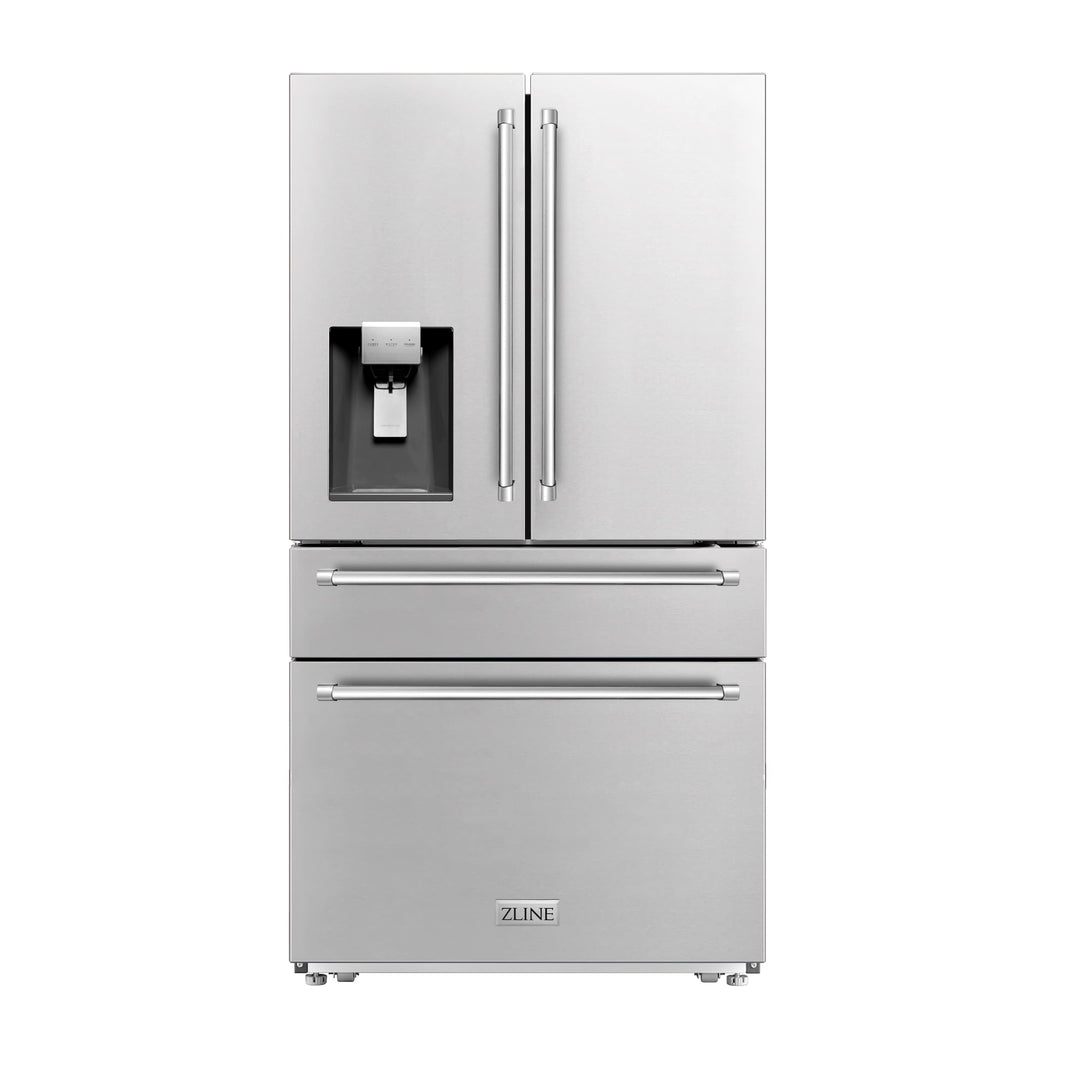 ZLINE 4-Piece Appliance Package - 30" Dual Fuel Range, 36" Refrigerator with Water Dispenser, Convertible Wall Mount Hood, and 3-Rack Dishwasher in Stainless Steel (4KPRW-RARH30-DWV)