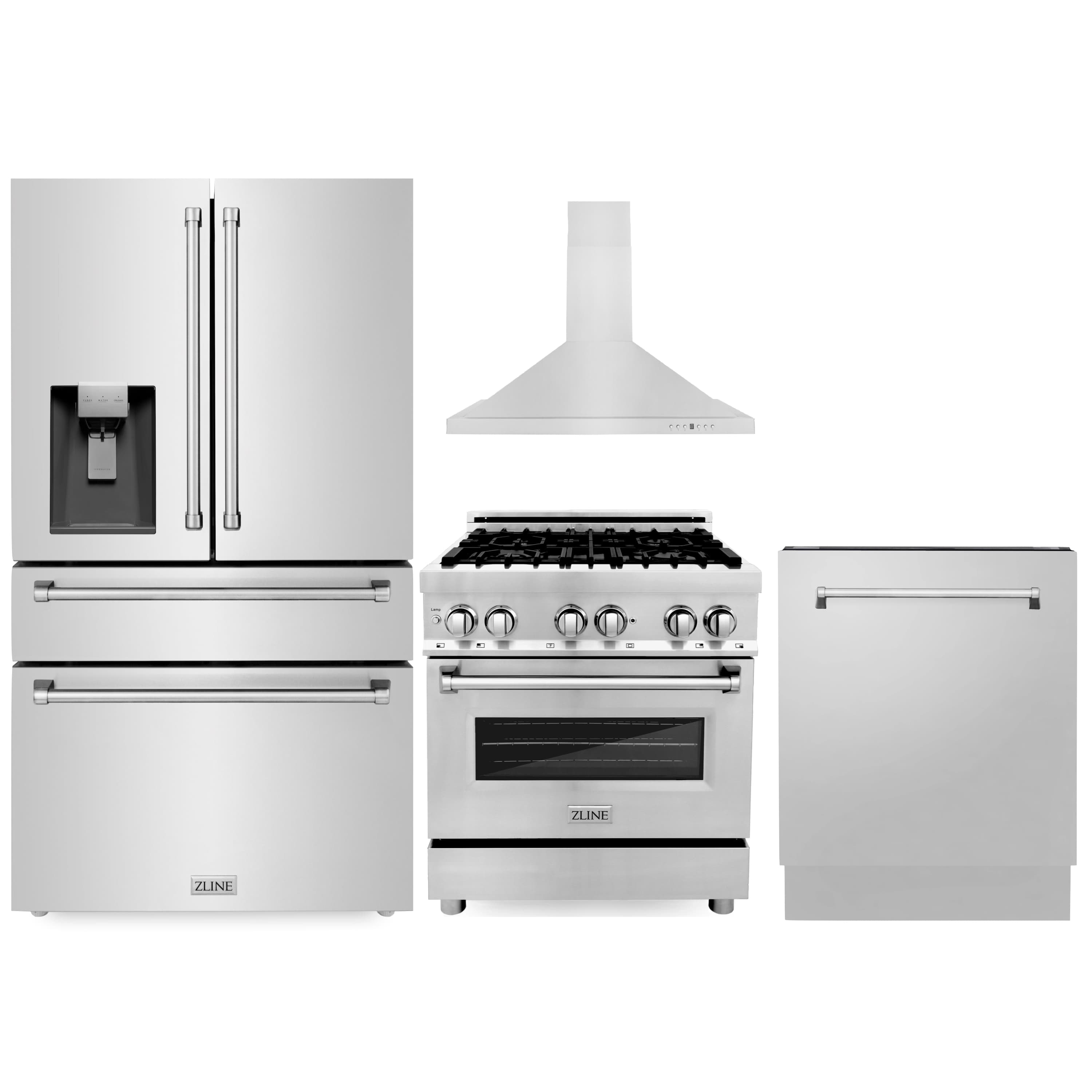 ZLINE 4-Piece Appliance Package - 30" Dual Fuel Range, 36" Refrigerator with Water Dispenser, Convertible Wall Mount Hood, and 3-Rack Dishwasher in Stainless Steel (4KPRW-RARH30-DWV)