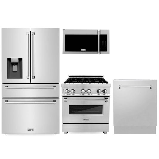 ZLINE 4-Piece Appliance Package - 30" Dual Fuel Range, 36" Refrigerator with Water Dispenser, Tall Tub Dishwasher, & Over-the-Range Microwave in Stainless Steel (4KPRW-RAOTRH30-DWV)