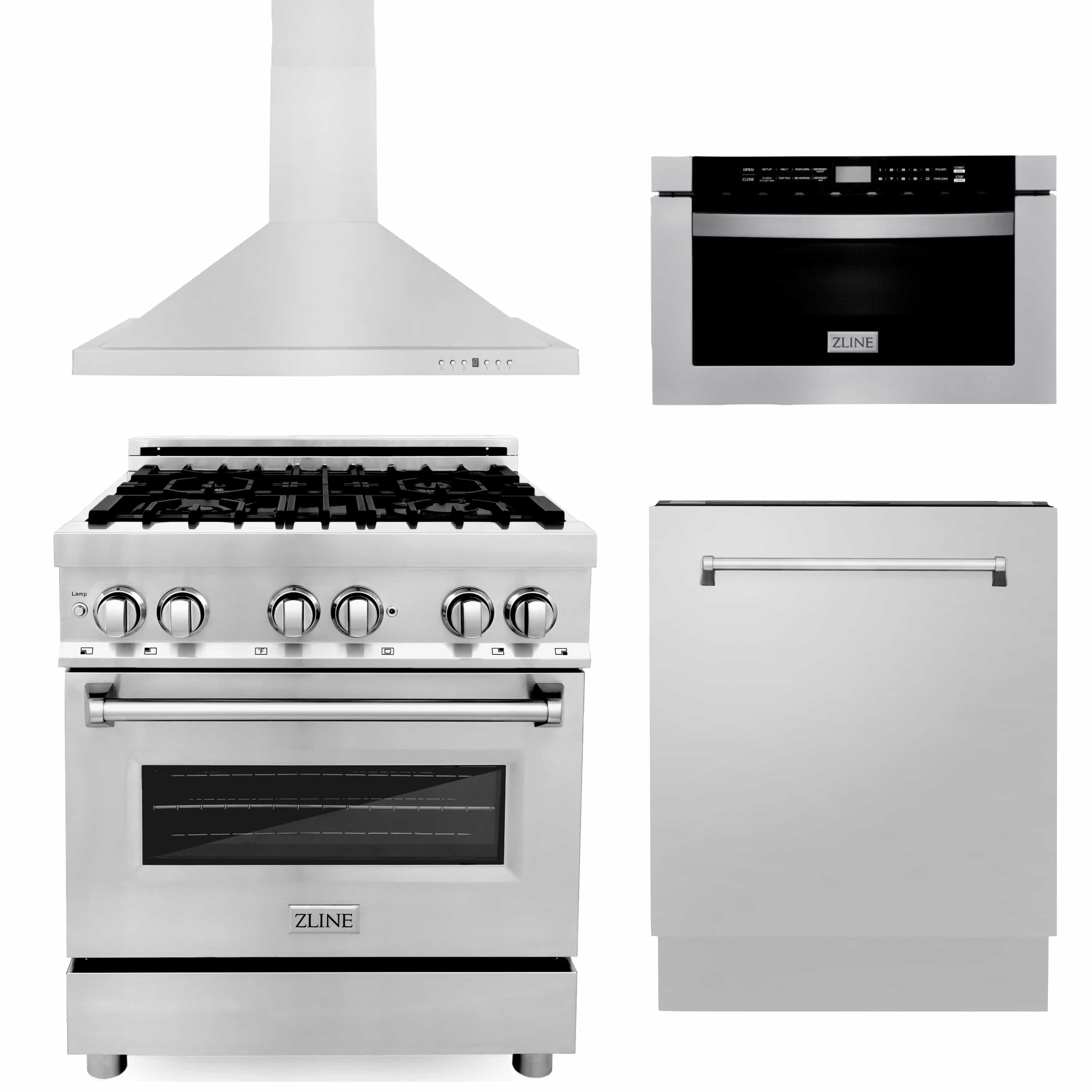 ZLINE 4-Piece Appliance Package - 30-inch Dual Fuel Range, Tall Tub Dishwasher, Microwave Drawer & Premium Hood (4KP-RARH30-MWDWV)