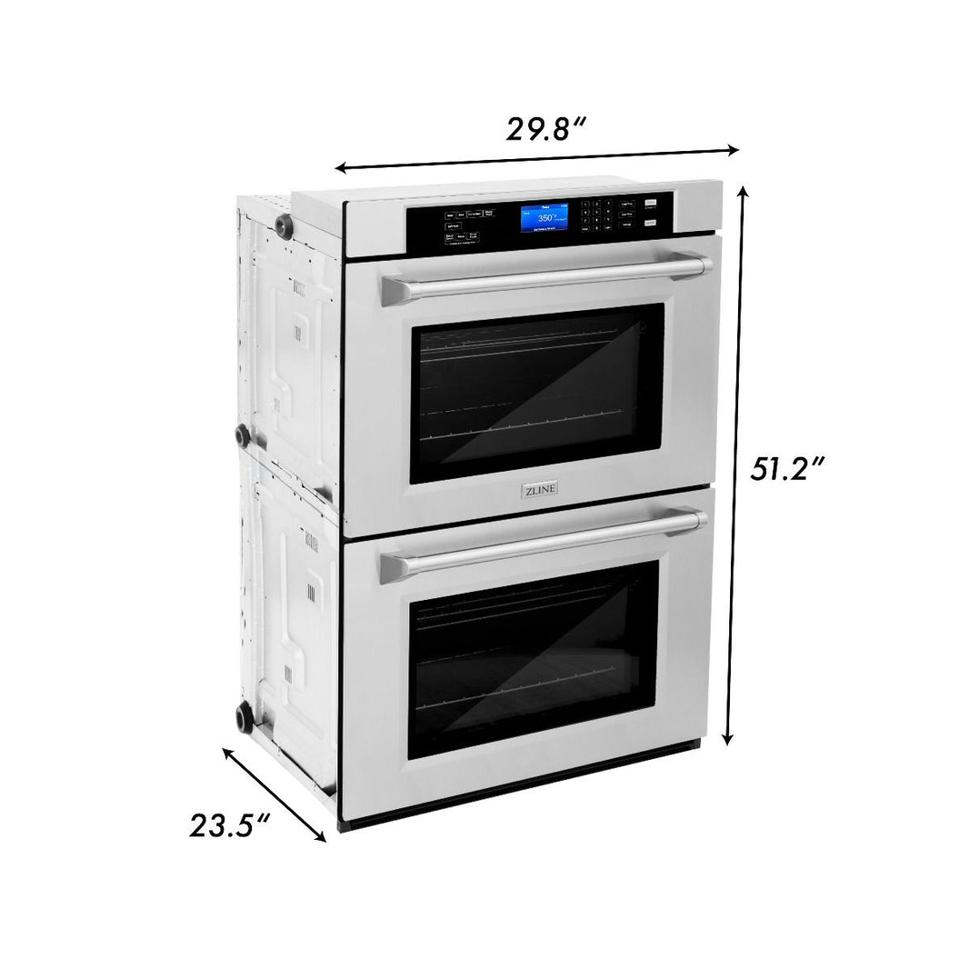 ZLINE 4-Piece Appliance Package - 30" Rangetop, 30” Double Wall Oven, 36” Refrigerator with Water Dispenser, and Convertible Wall Mount Hood in Stainless Steel (4KPRW-RTRH30-AWD)