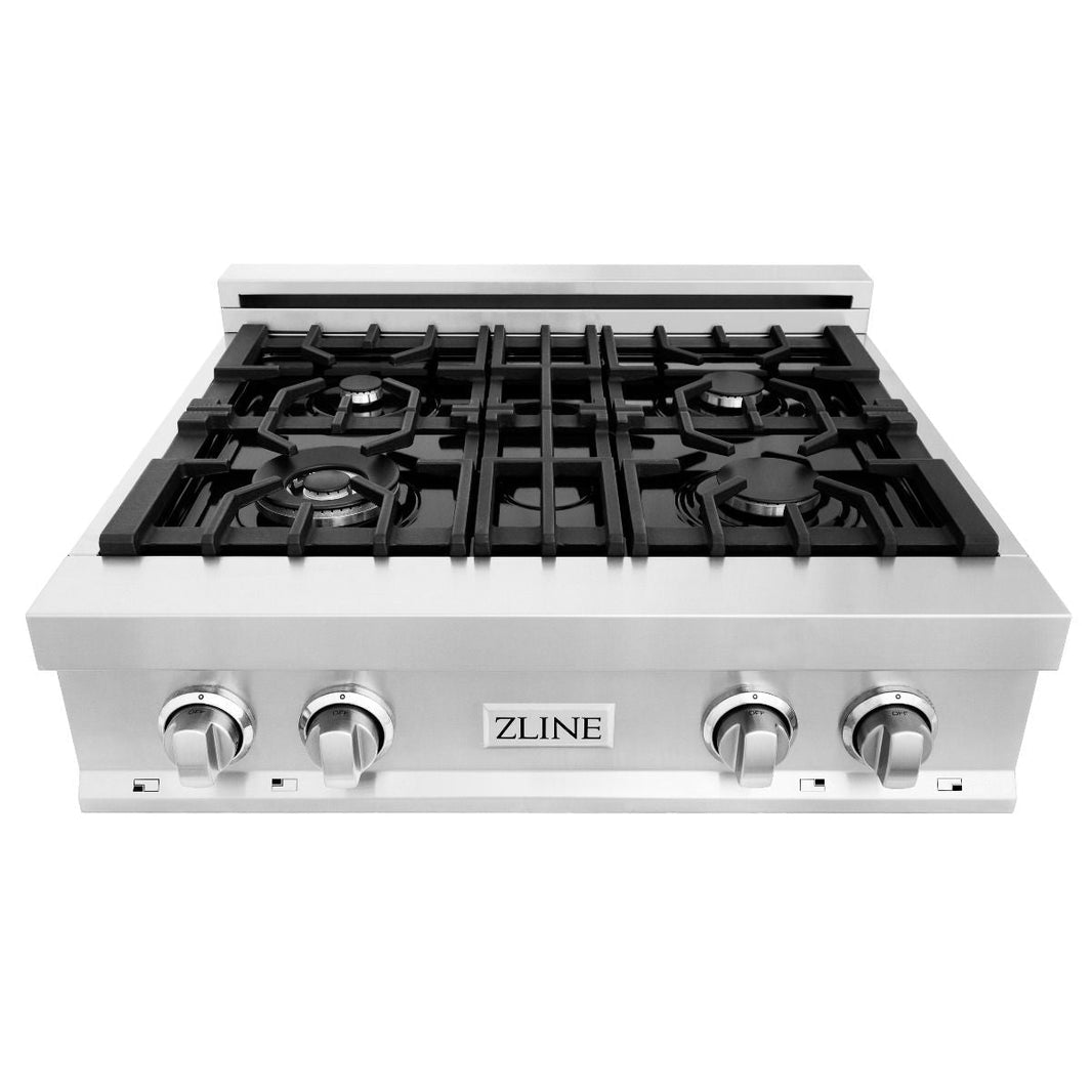 ZLINE 4-Piece Appliance Package - 30" Rangetop, 30” Double Wall Oven, 36” Refrigerator with Water Dispenser, and Convertible Wall Mount Hood in Stainless Steel (4KPRW-RTRH30-AWD)