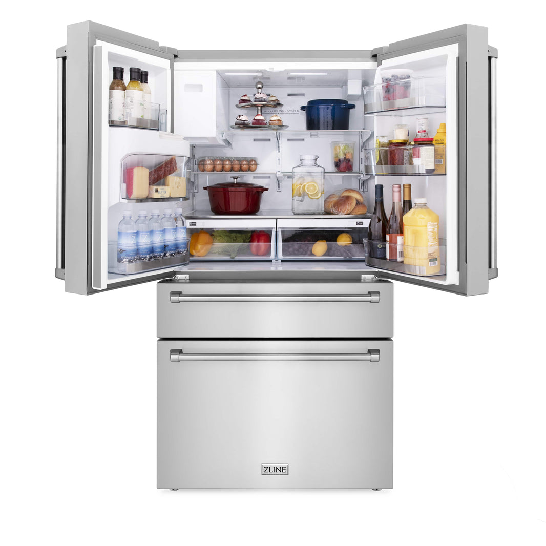 ZLINE 4-Piece Appliance Package - 30" Rangetop, 30” Double Wall Oven, 36” Refrigerator with Water Dispenser, and Convertible Wall Mount Hood in Stainless Steel (4KPRW-RTRH30-AWD)