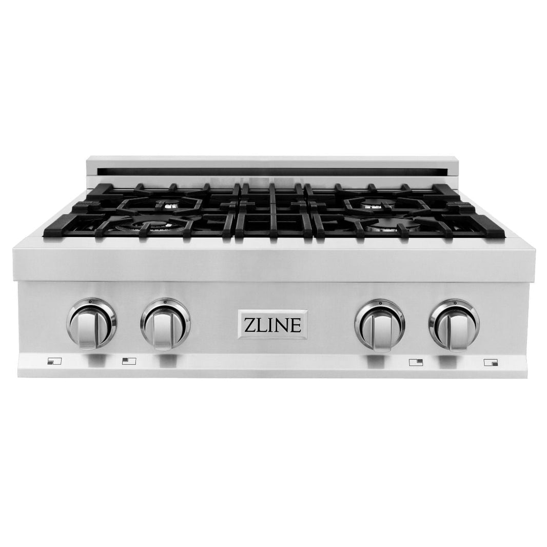 ZLINE 4-Piece Appliance Package - 30" Rangetop, 30” Double Wall Oven, 36” Refrigerator with Water Dispenser, and Convertible Wall Mount Hood in Stainless Steel (4KPRW-RTRH30-AWD)