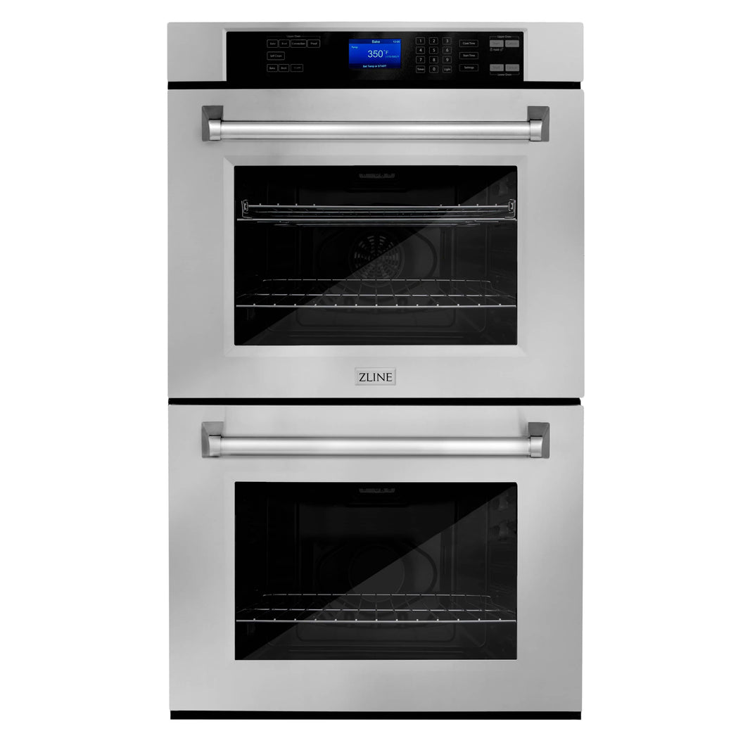 ZLINE 4-Piece Appliance Package - 30" Rangetop, 30” Double Wall Oven, 36” Refrigerator with Water Dispenser, and Convertible Wall Mount Hood in Stainless Steel (4KPRW-RTRH30-AWD)