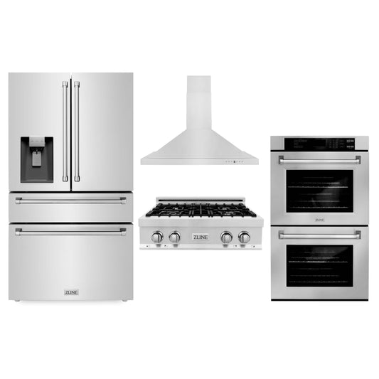 ZLINE 4-Piece Appliance Package - 30" Rangetop, 30” Double Wall Oven, 36” Refrigerator with Water Dispenser, and Convertible Wall Mount Hood in Stainless Steel (4KPRW-RTRH30-AWD)