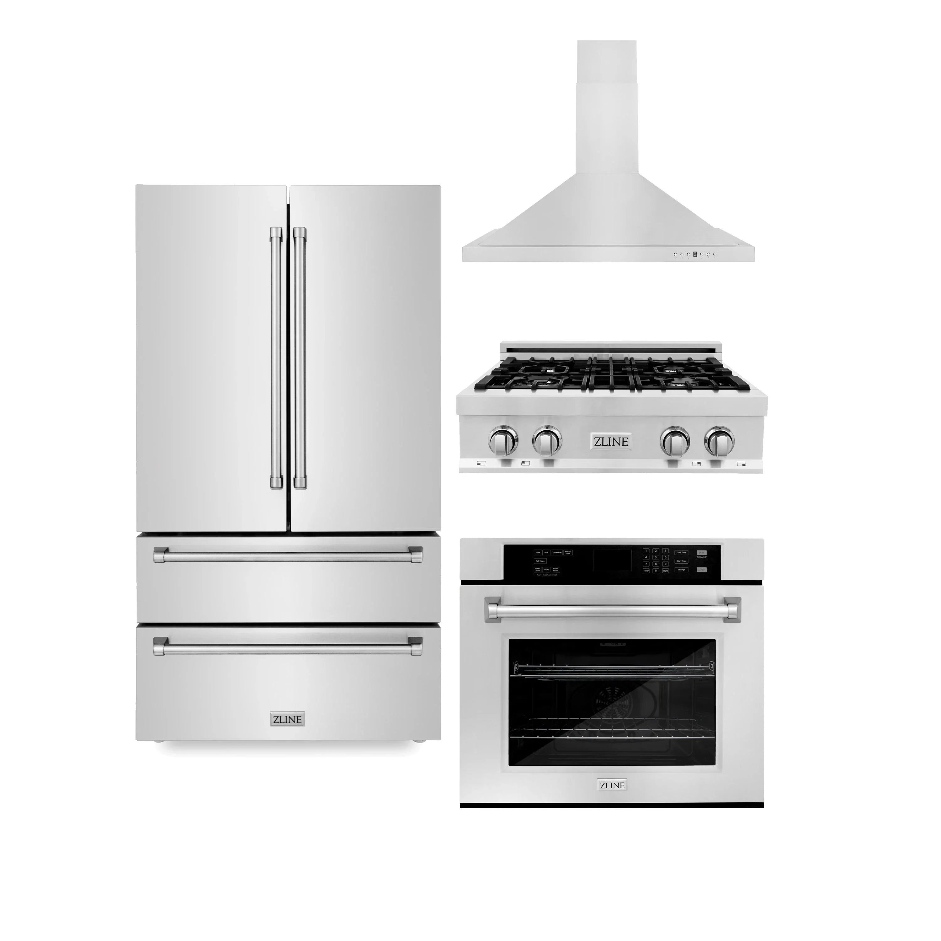 ZLINE 4-Piece Appliance Package - 30" Rangetop, 30” Wall Oven, 36” Refrigerator, and Convertible Wall Mount Hood in Stainless Steel (4KPR-RTRH30-AWS)