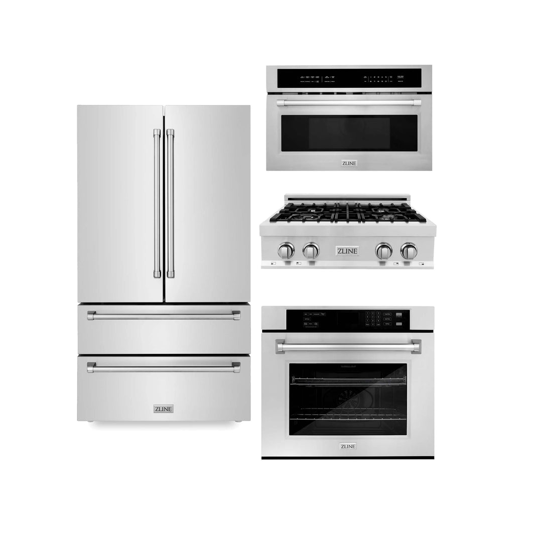 ZLINE 4-Piece Appliance Package - 30" Rangetop, 30” Wall Oven, 36” Refrigerator, and Microwave Drawer in Stainless Steel (4KPR-RT30-MWAWS)