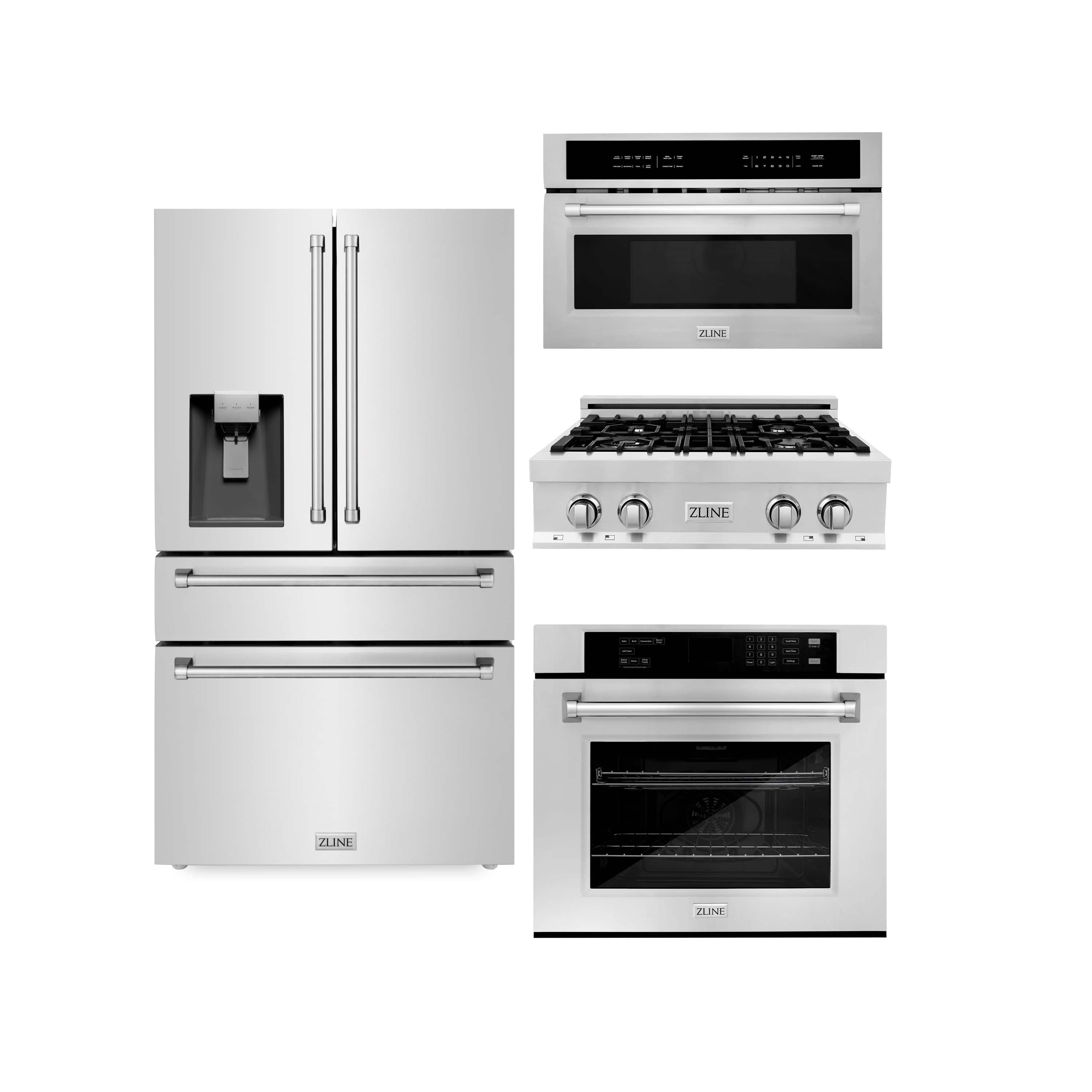 ZLINE 4-Piece Appliance Package - 30" Rangetop, 30” Wall Oven, 36” Refrigerator with Water Dispenser, and 30" Microwave Oven in Stainless Steel (4KPRW-RT30-MWAWS)