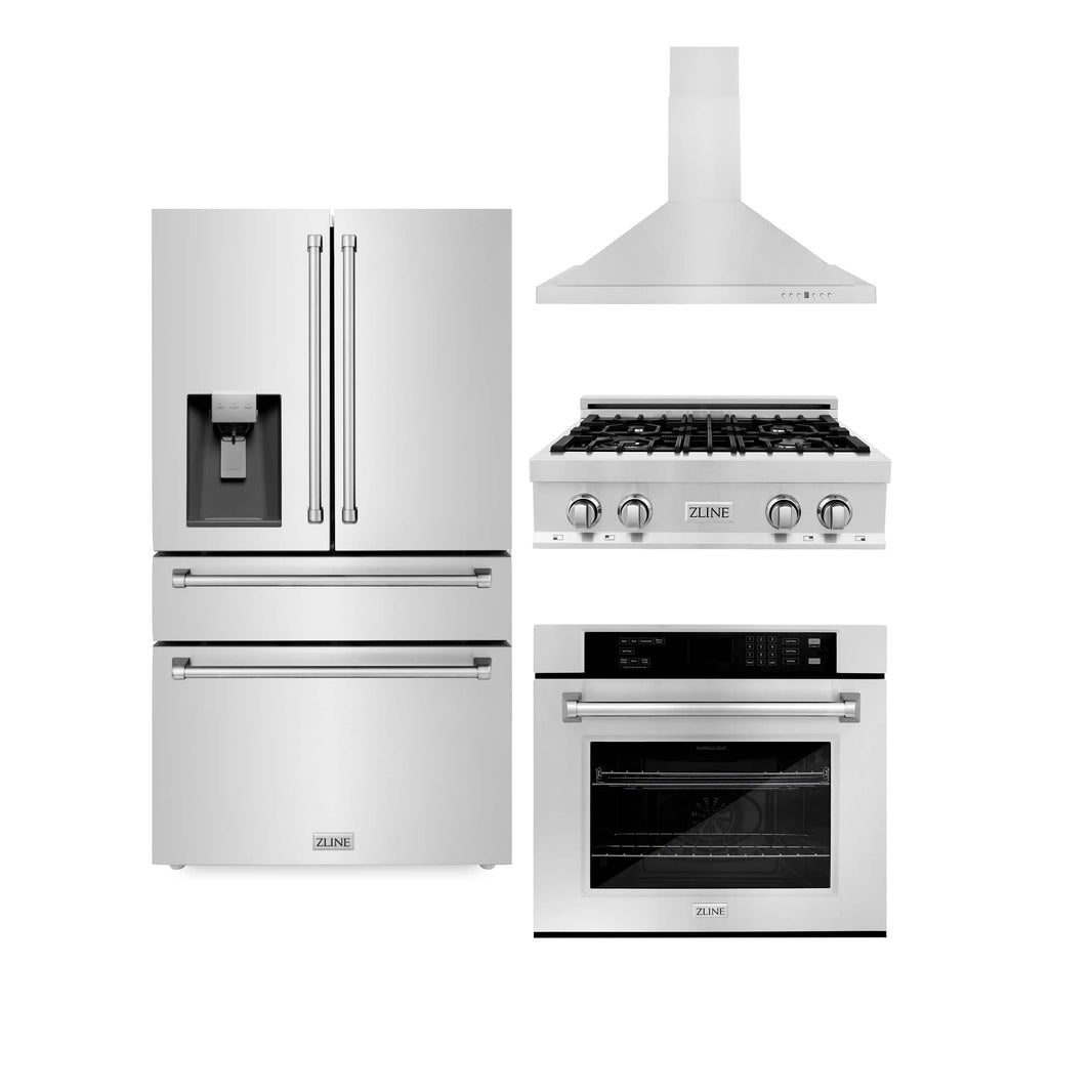 ZLINE 4-Piece Appliance Package - 30" Rangetop, 30” Wall Oven, 36” Refrigerator with Water Dispenser, and Convertible Wall Mount Hood in Stainless Steel (4KPRW-RTRH30-AWS)