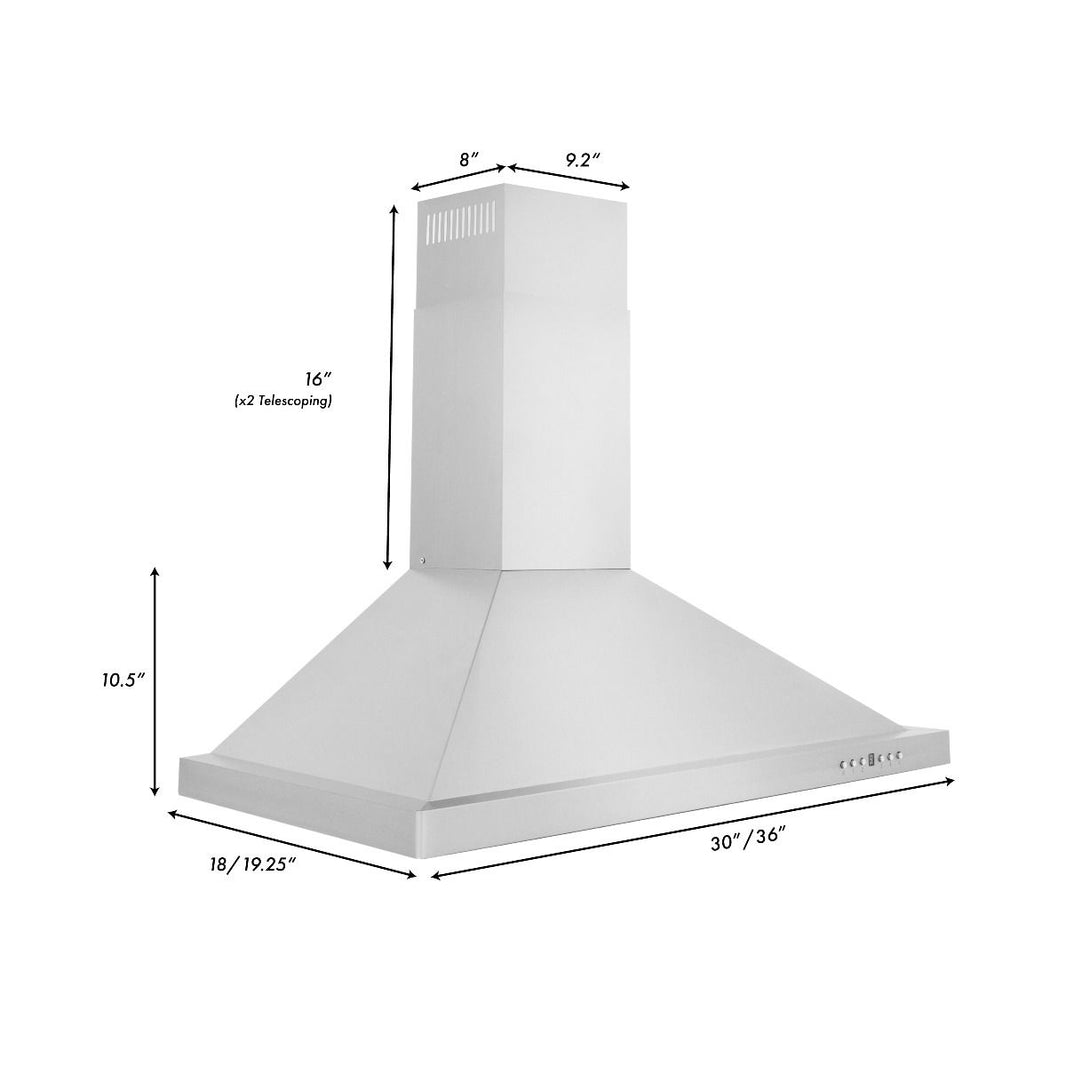 ZLINE 4-Piece Appliance Package - 36" Dual Fuel Range, 36" Refrigerator, Convertible Wall Mount Hood, and 3-Rack Dishwasher in Stainless Steel (4KPR-RARH36-DWV)