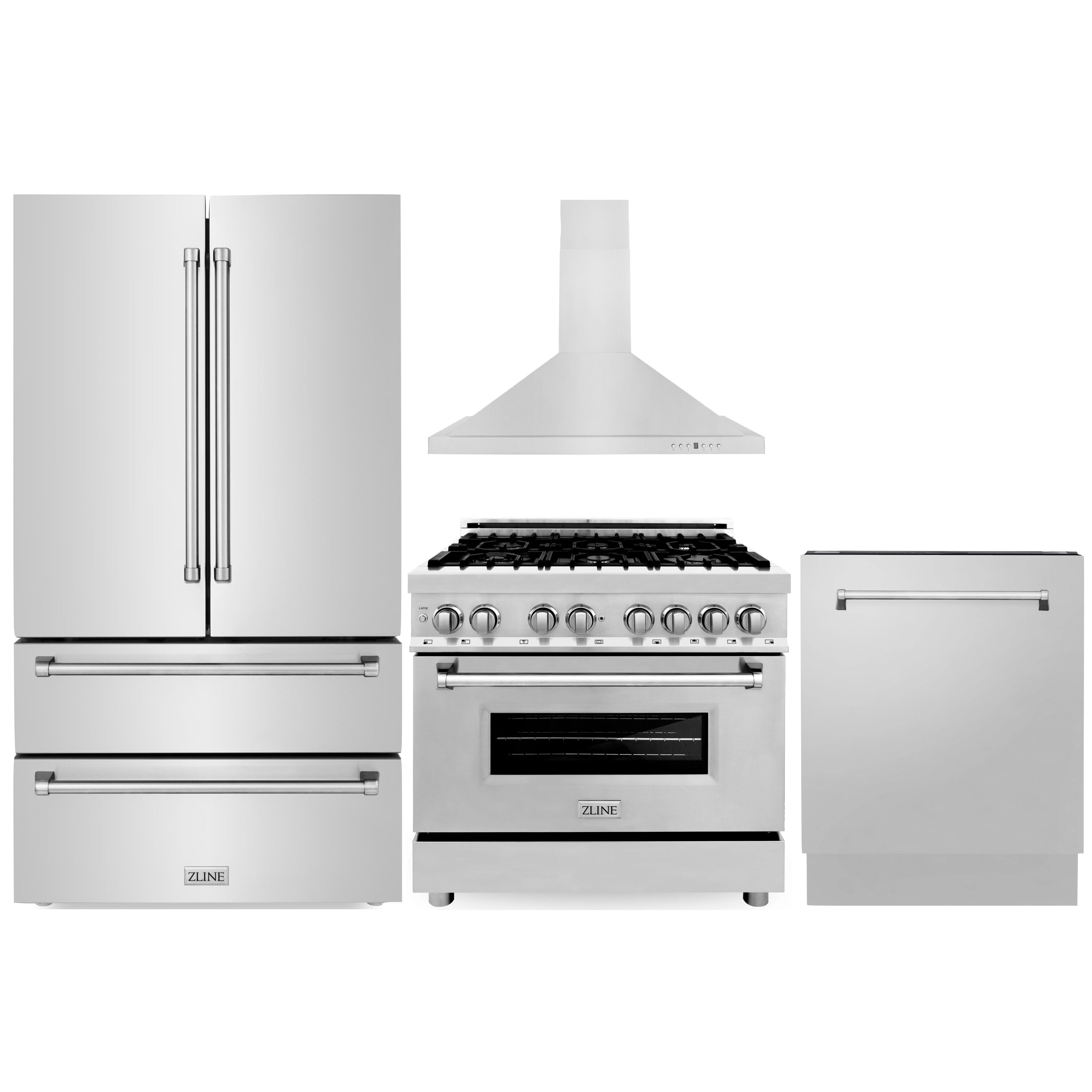 ZLINE 4-Piece Appliance Package - 36" Dual Fuel Range, 36" Refrigerator, Convertible Wall Mount Hood, and 3-Rack Dishwasher in Stainless Steel (4KPR-RARH36-DWV)