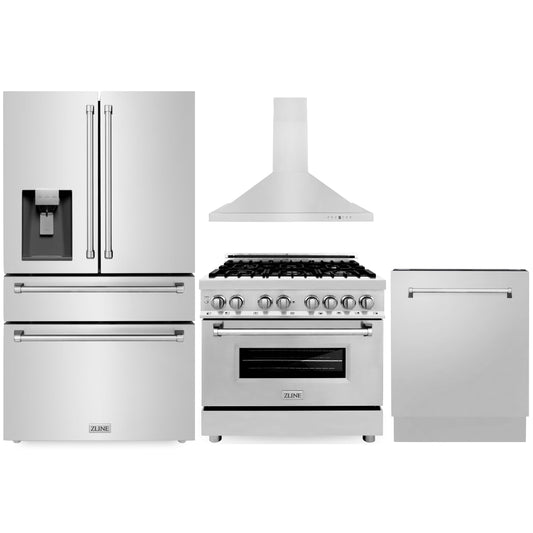 ZLINE 4-Piece Appliance Package - 36" Dual Fuel Range, 36" Refrigerator with Water Dispenser, Convertible Wall Mount Hood, and 3-Rack Dishwasher in Stainless Steel (4KPRW-RARH36-DWV)