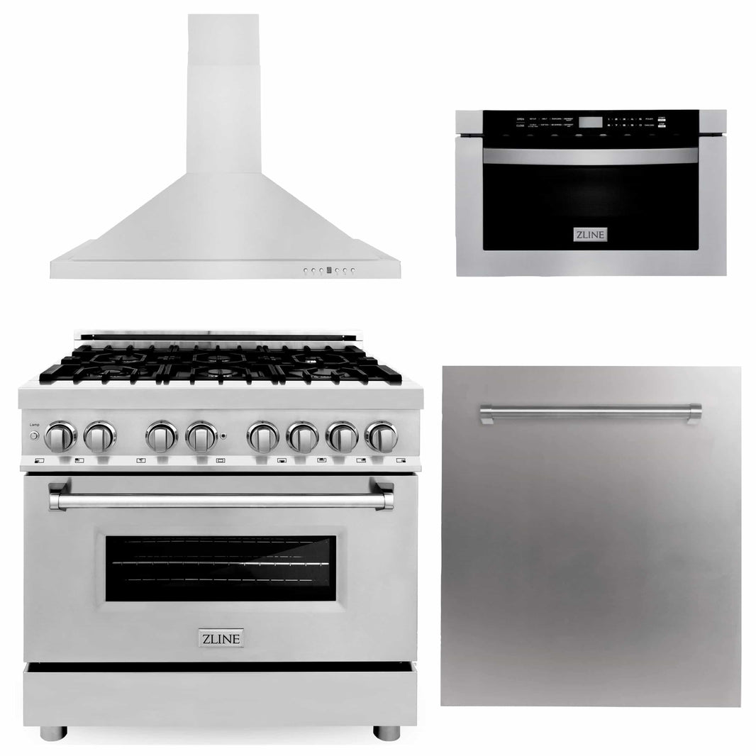 ZLINE 4-Piece Appliance Package - 36-inch Dual Fuel Range, Stainless Steel Dishwasher, Microwave Drawer & Premium Hood (4KP-RARH36-MWDW)