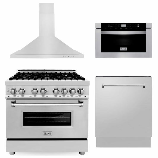 ZLINE 4-Piece Appliance Package - 36-inch Dual Fuel Range, Tall Tub Dishwasher, Microwave Drawer & Premium Hood (4KP-RARH36-MWDWV)