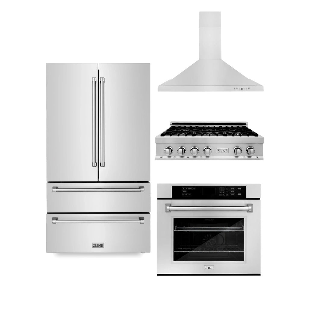 ZLINE 4-Piece Appliance Package - 36" Rangetop, 30” Wall Oven, 36” Refrigerator, and Convertible Wall Mount Hood in Stainless Steel (4KPR-RTRH36-AWS)